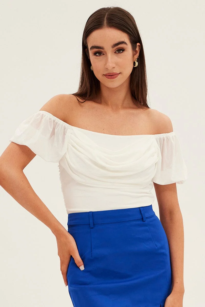 White Crop Top Short Sleeve Cowl Neck Mesh