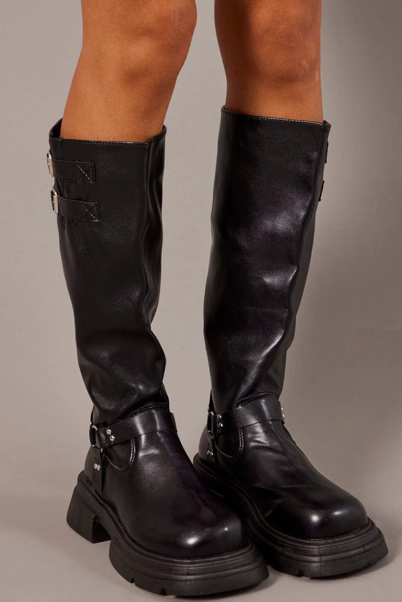 Black Chunky Knee High Boots Biker Boots