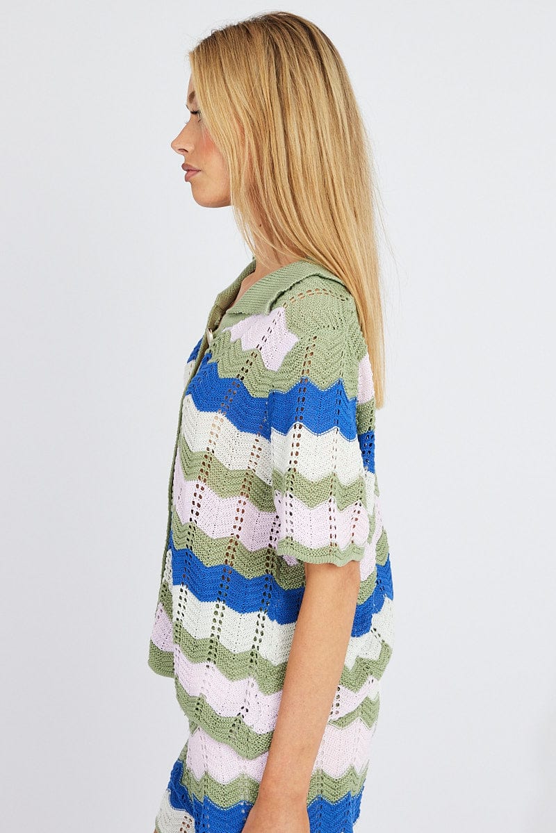 Multi Stripe Collar Knit Cardigan Short Sleeve