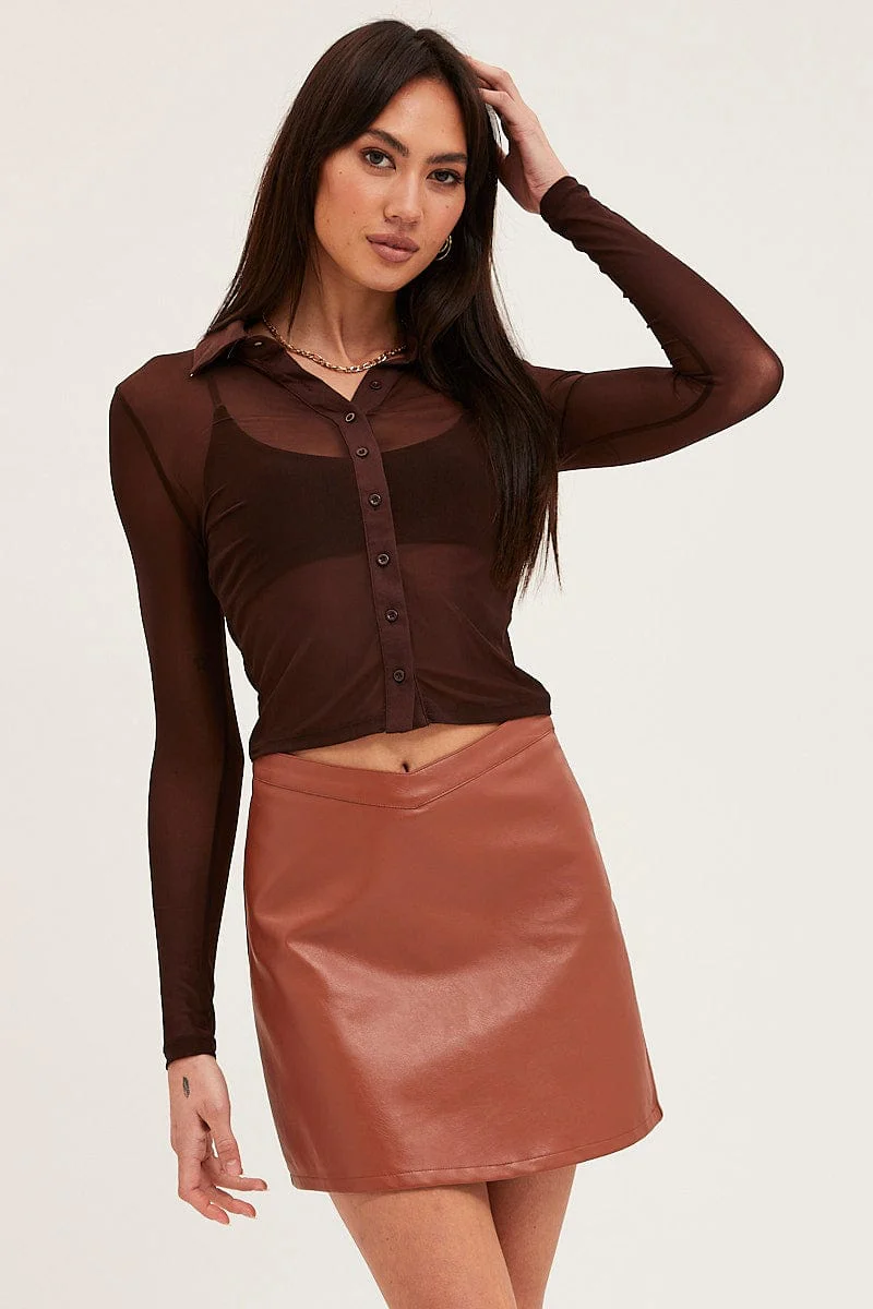 Brown Button Front Top Long Sleeve Mesh