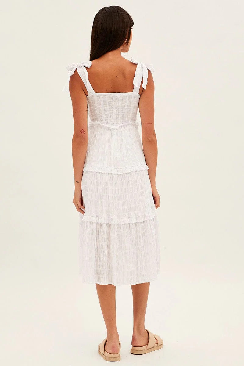 White Midi Dress Sleeveless Shirred Texture Cotton