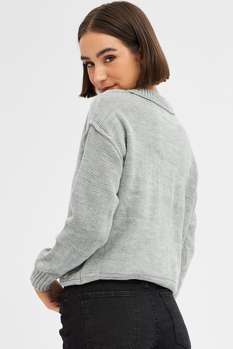 Grey Knit Top Long Sleeve Round Neck
