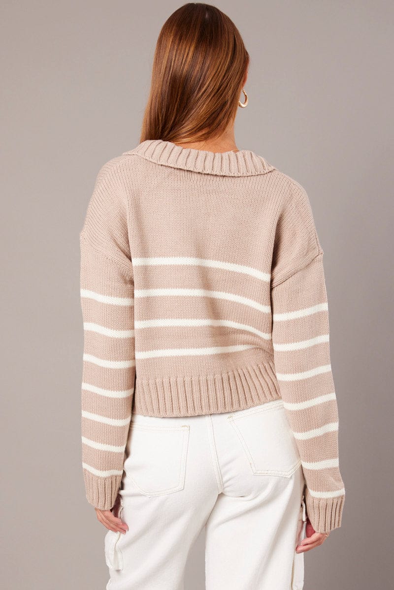 Beige Stripe Knit Top Long Sleeve Collared Jumper
