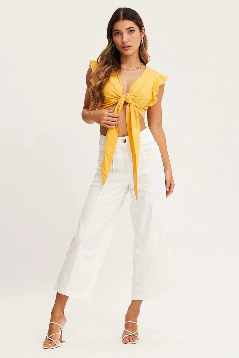 White Cropped Pants Wide Leg High Waist