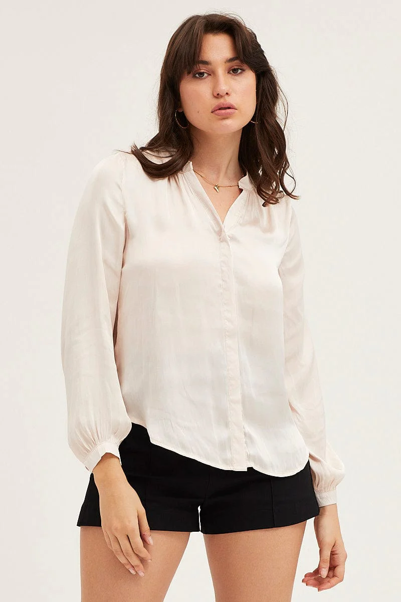 White Shirt Long Sleeve Gathered Satin