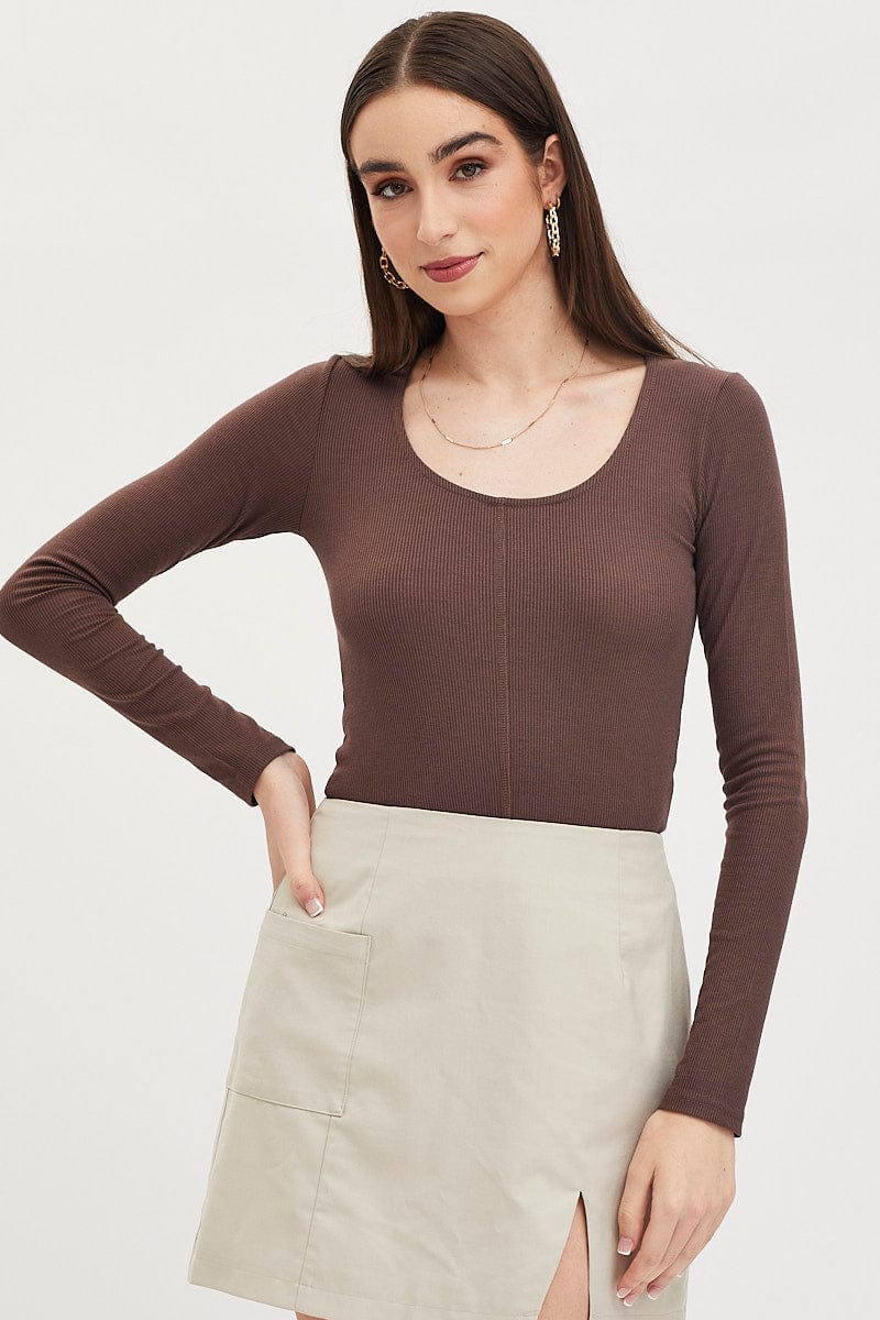 Brown Top Long Sleeve Round Neck