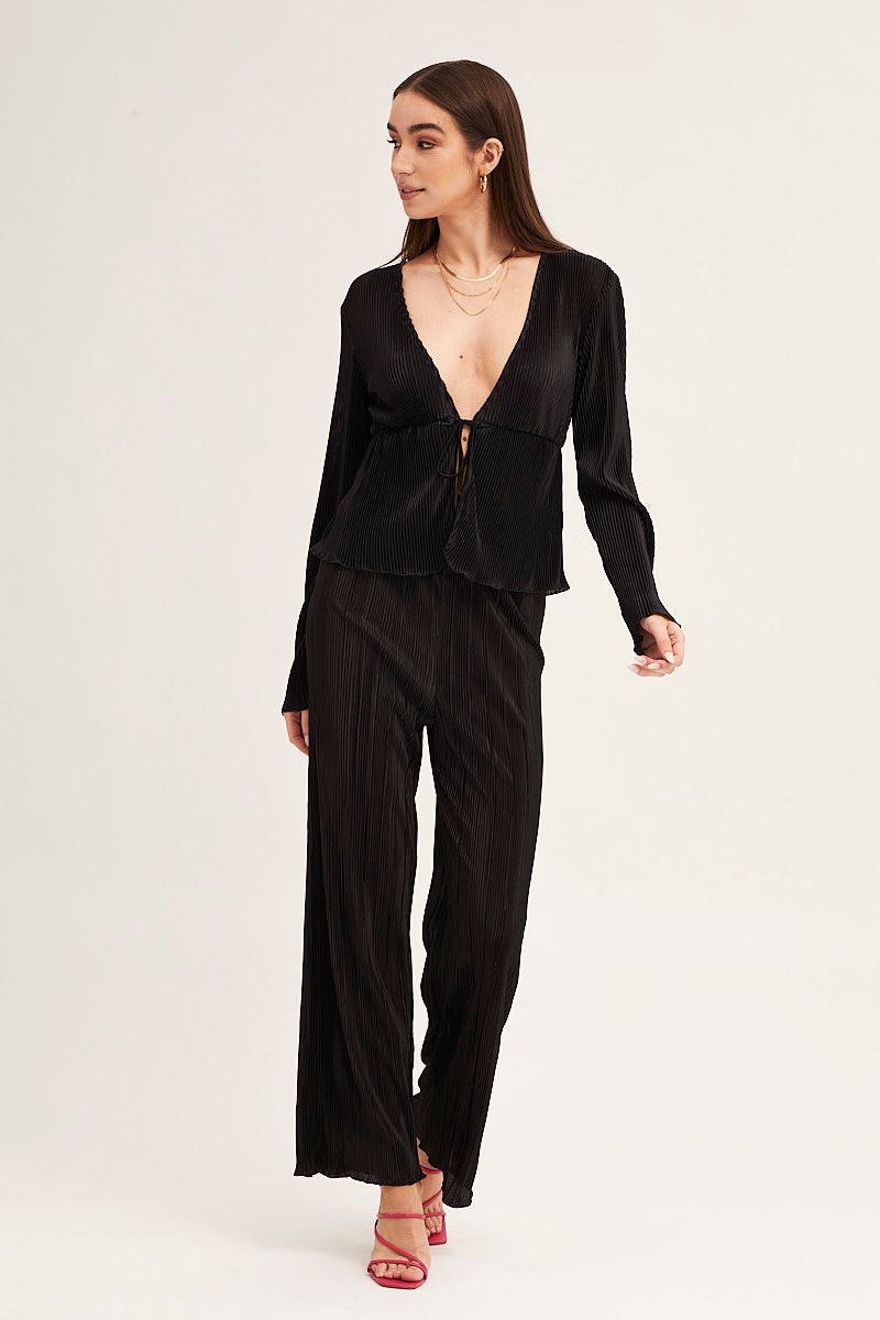 Black Plisse Long Sleeve Tie Front Bolero