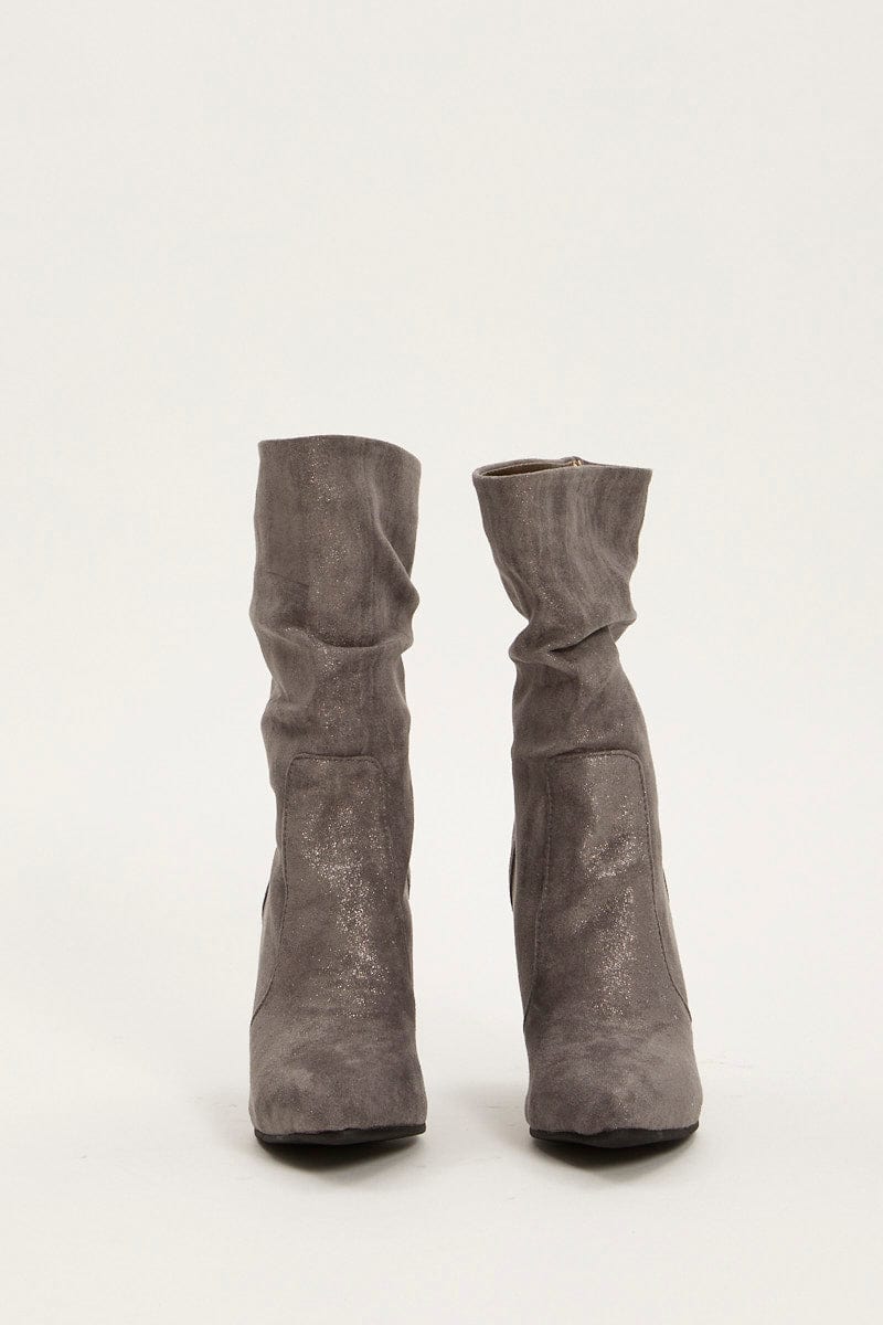 Grey Suedette Heeled Boots