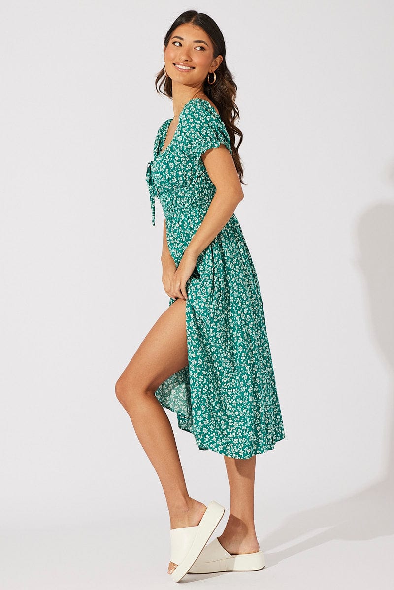 Green Ditsy Midi Dress Short Sleeve Shirred Waist