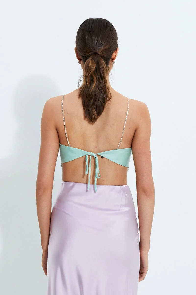 Green Designer Satin Diamante Strap Scarf Strappy Top