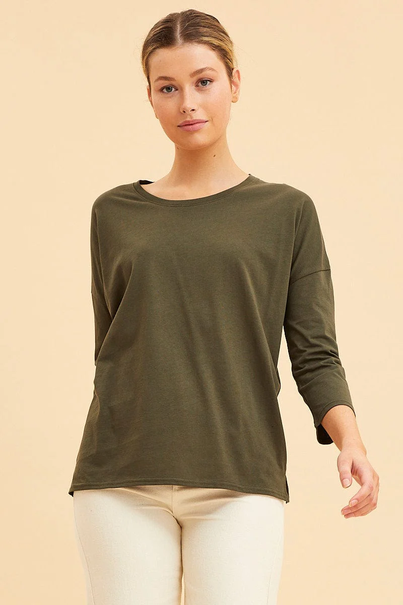 Green Cotton Top 3/4 Sleeve Drop Shoulder Relaxed Fit
