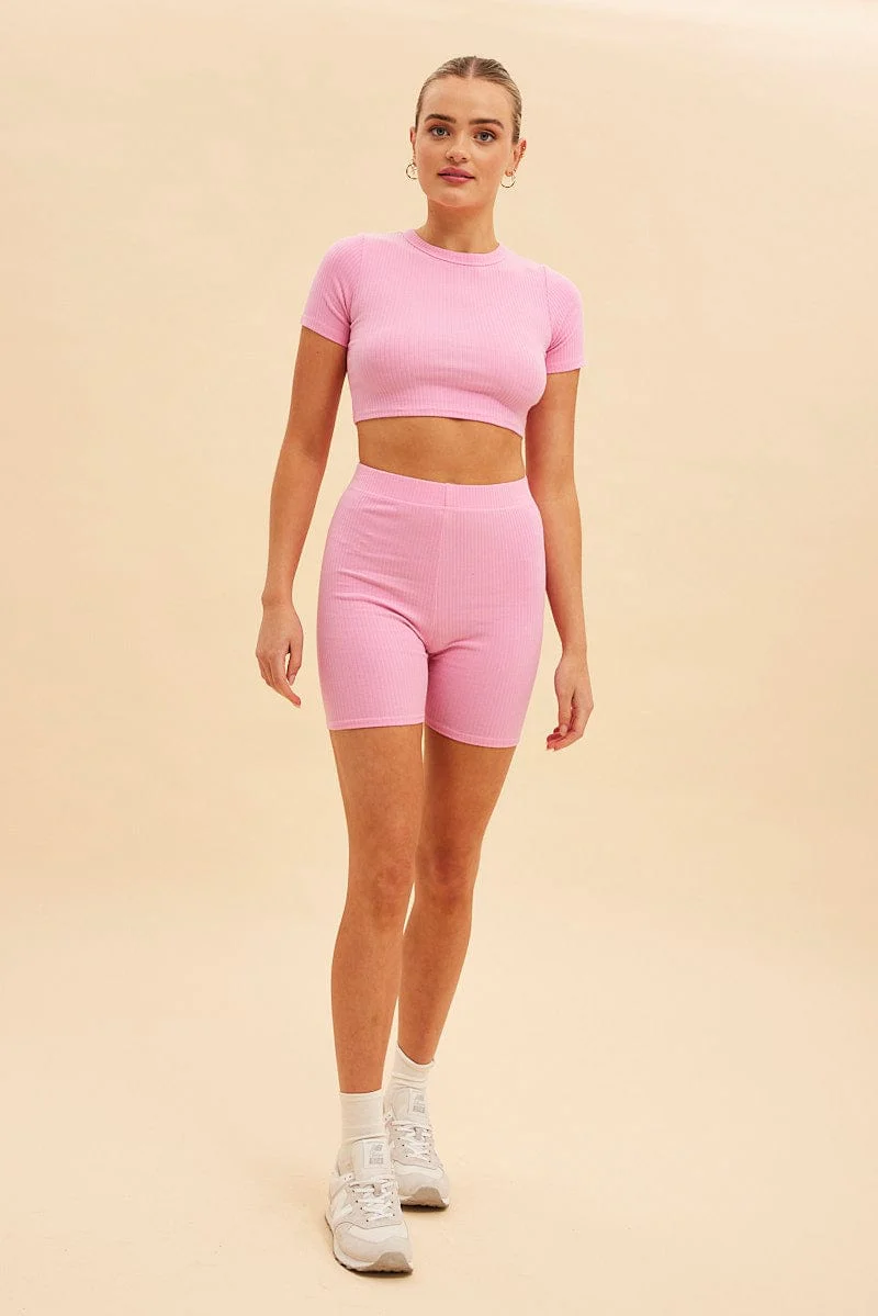 Pink Prea Rib Crew Neck Short Sleeve Crop Baby T-Shirt