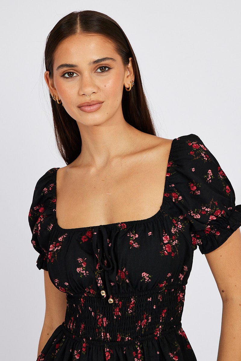 Black Floral Fit And Flare Dress Puff Sleeve Mini