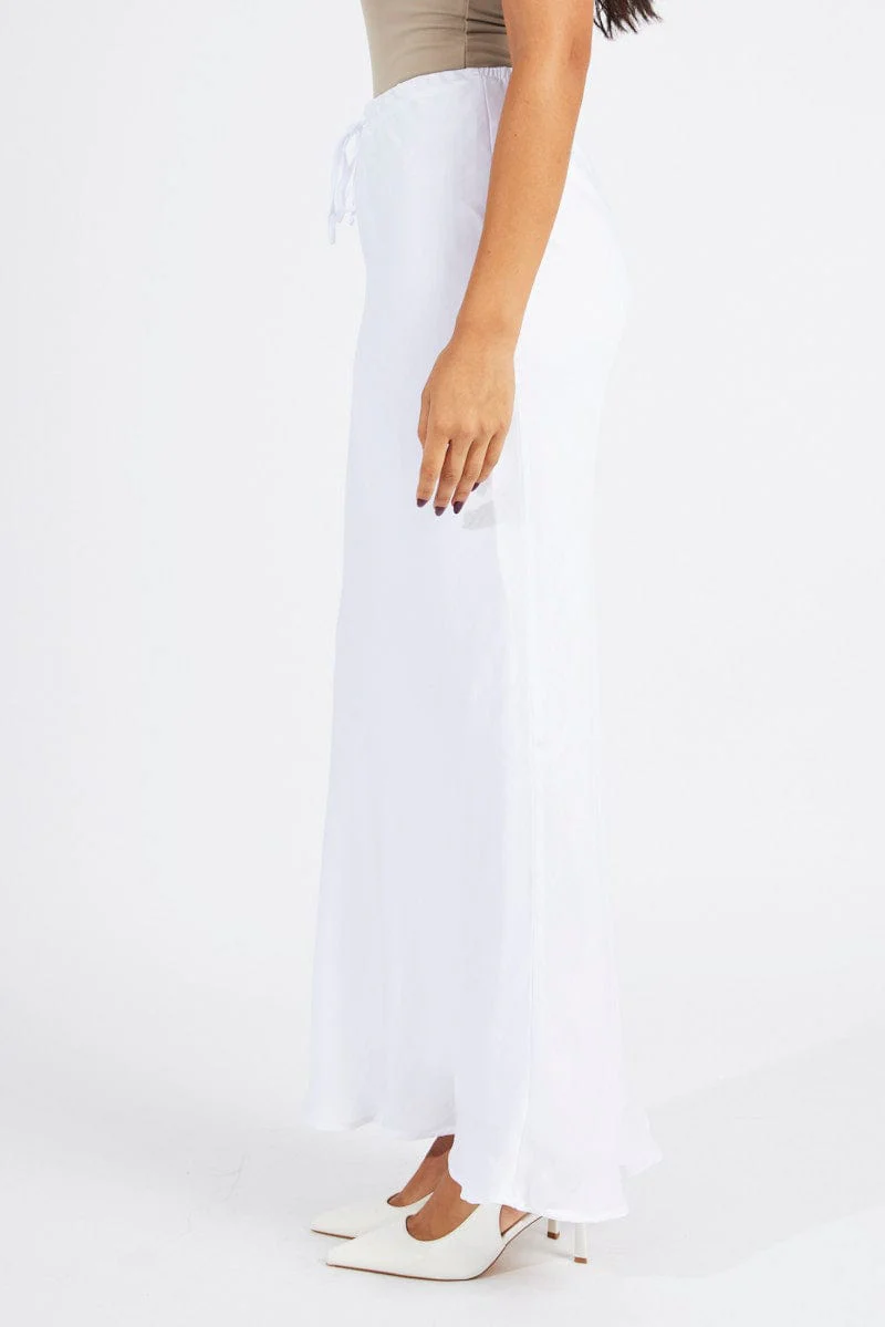 White Drawstring Satin Maxi Skirt