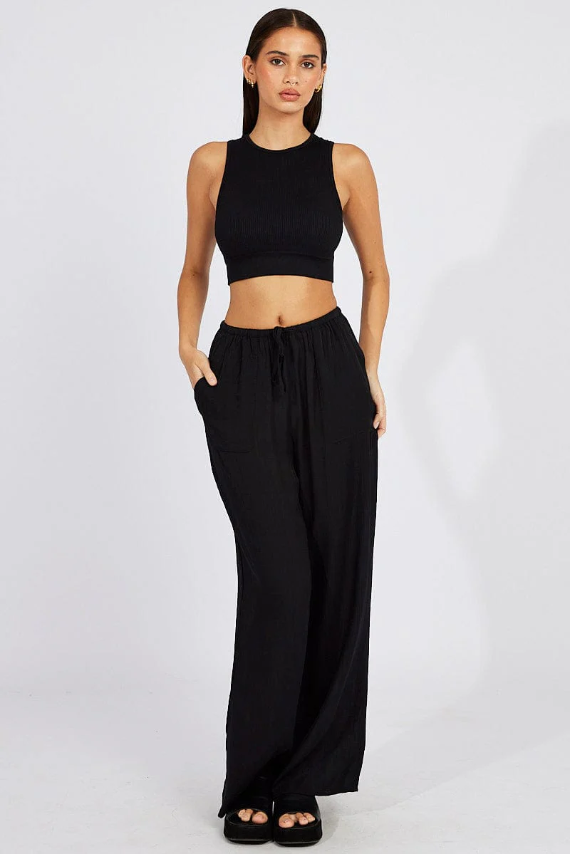 Black Wide Leg Pants Textured Fabric