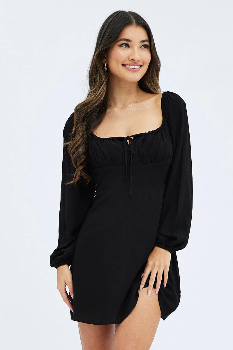 Black Mini Dress Ruched Bust Long Sleeve
