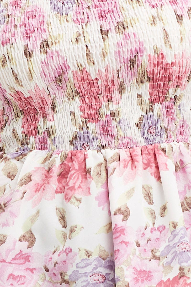 Print Shirred Top Long Sleeve