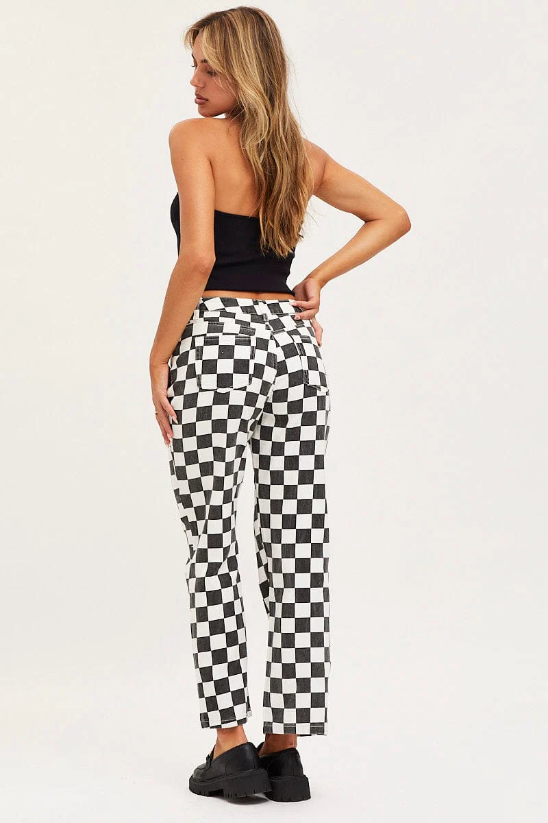 Print Straight Denim Jeans High Rise