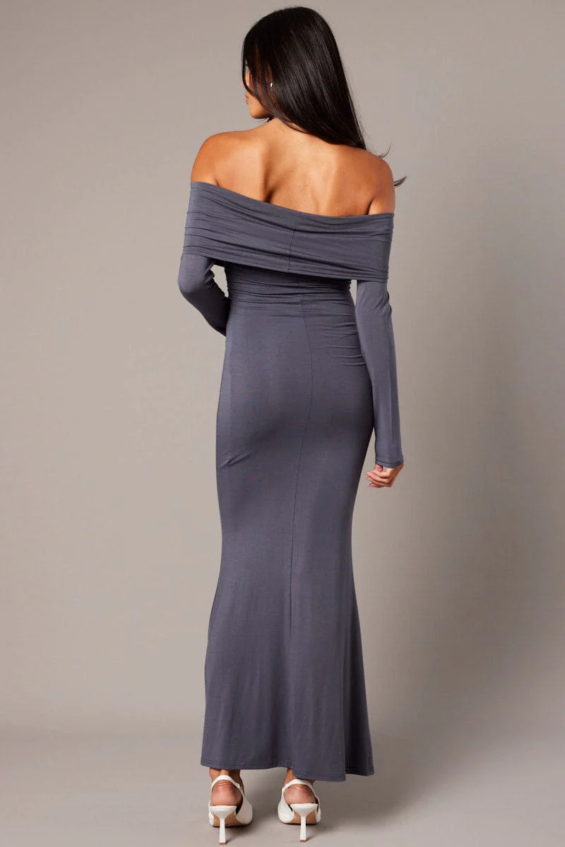 Grey Off Shoulder Dress Long Sleeve  Maxi