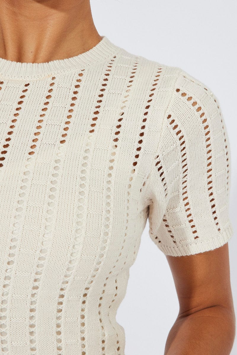 White Knit Maxi Dress Crochet Short Sleeve