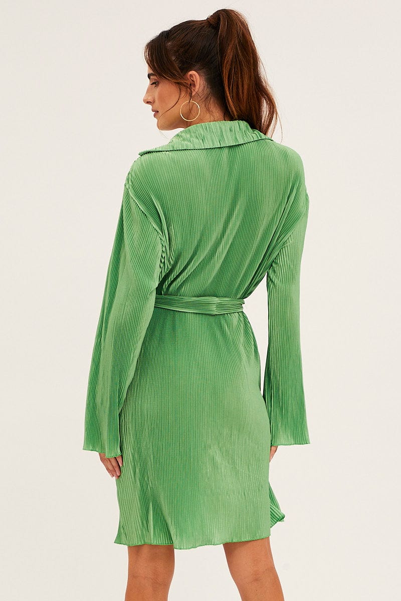 Green Plisse Shirt Dress Front Button