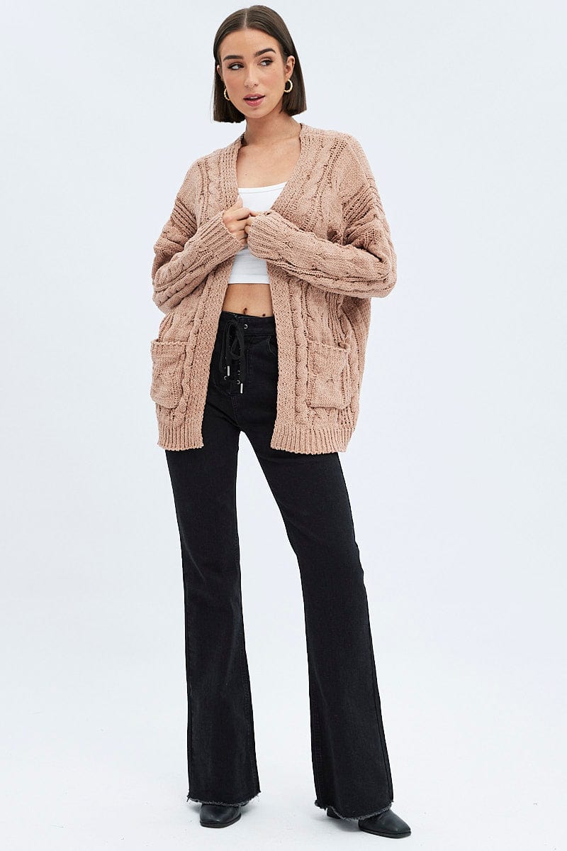 Camel Longline Cable Knit Cardigan