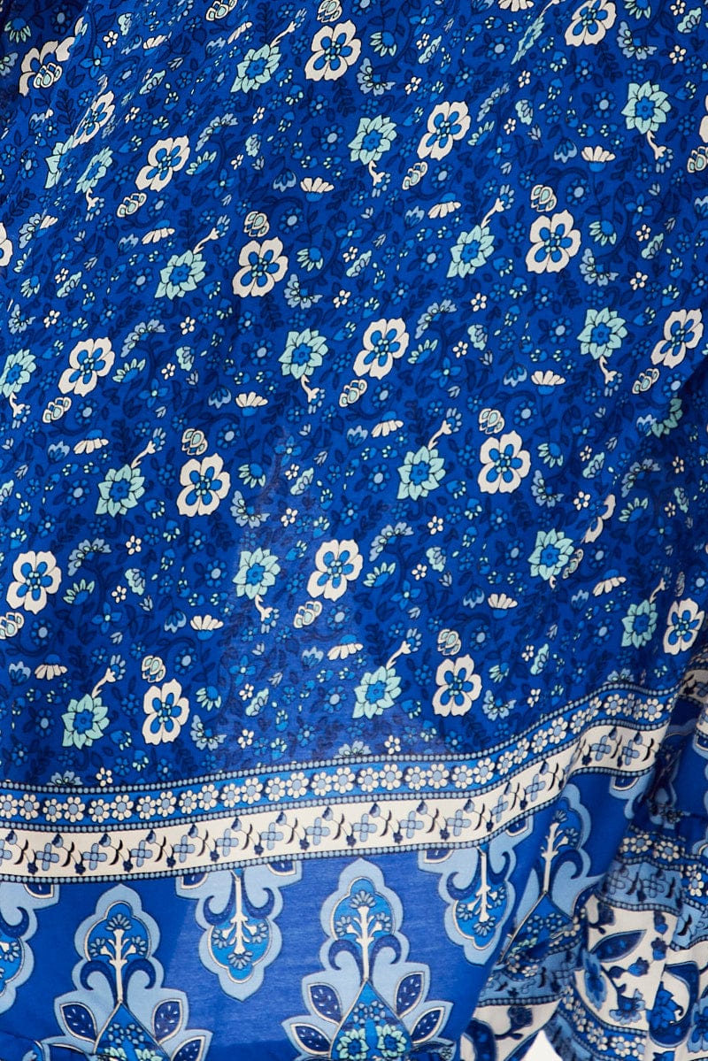 Blue Boho Midi Dress Short Sleeve Ruffle