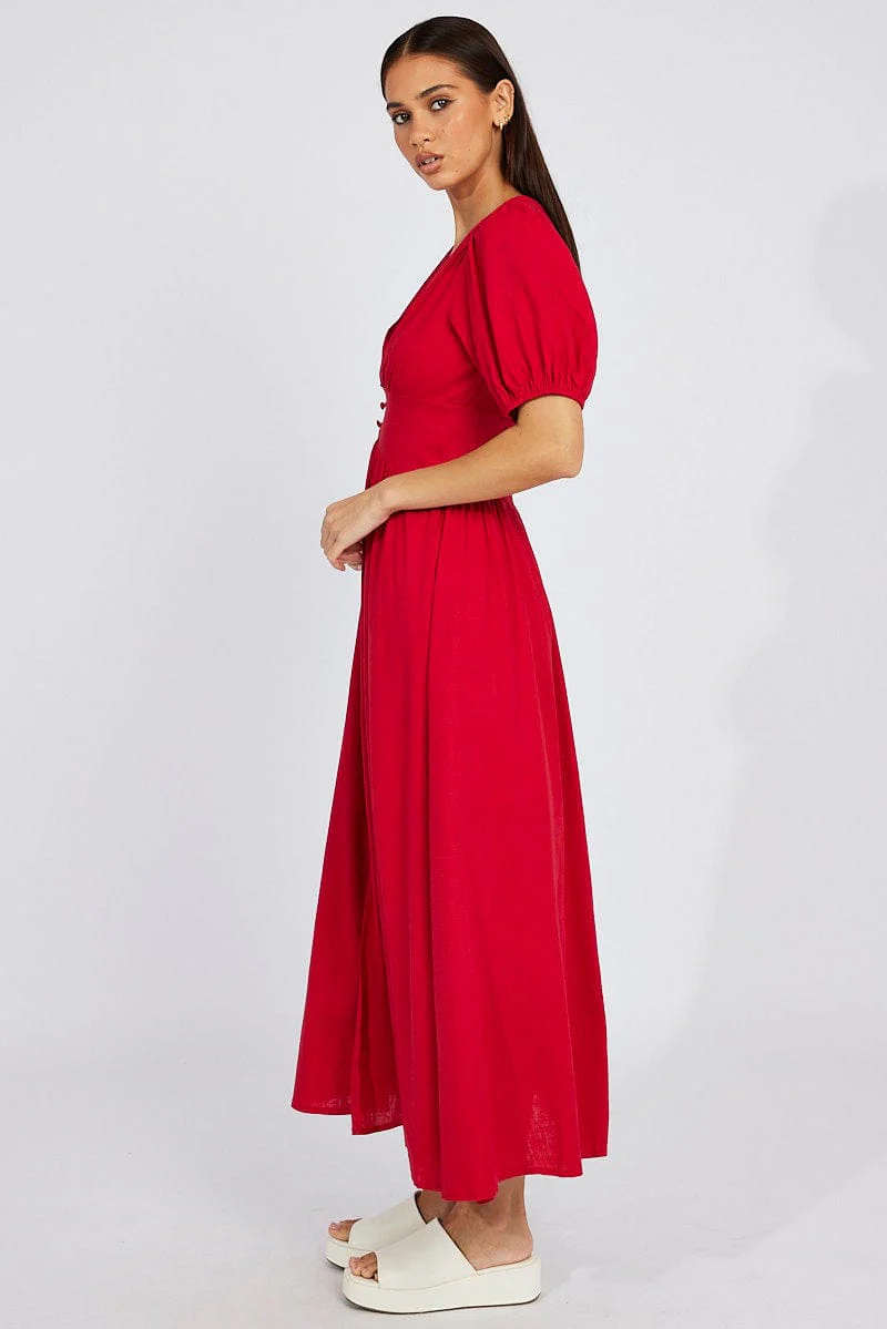 Red Midi Dress Puff Sleeve