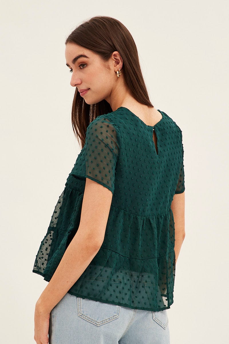 Forest Dobby Chiffon Flutter Sleeve Tiered Hem Top
