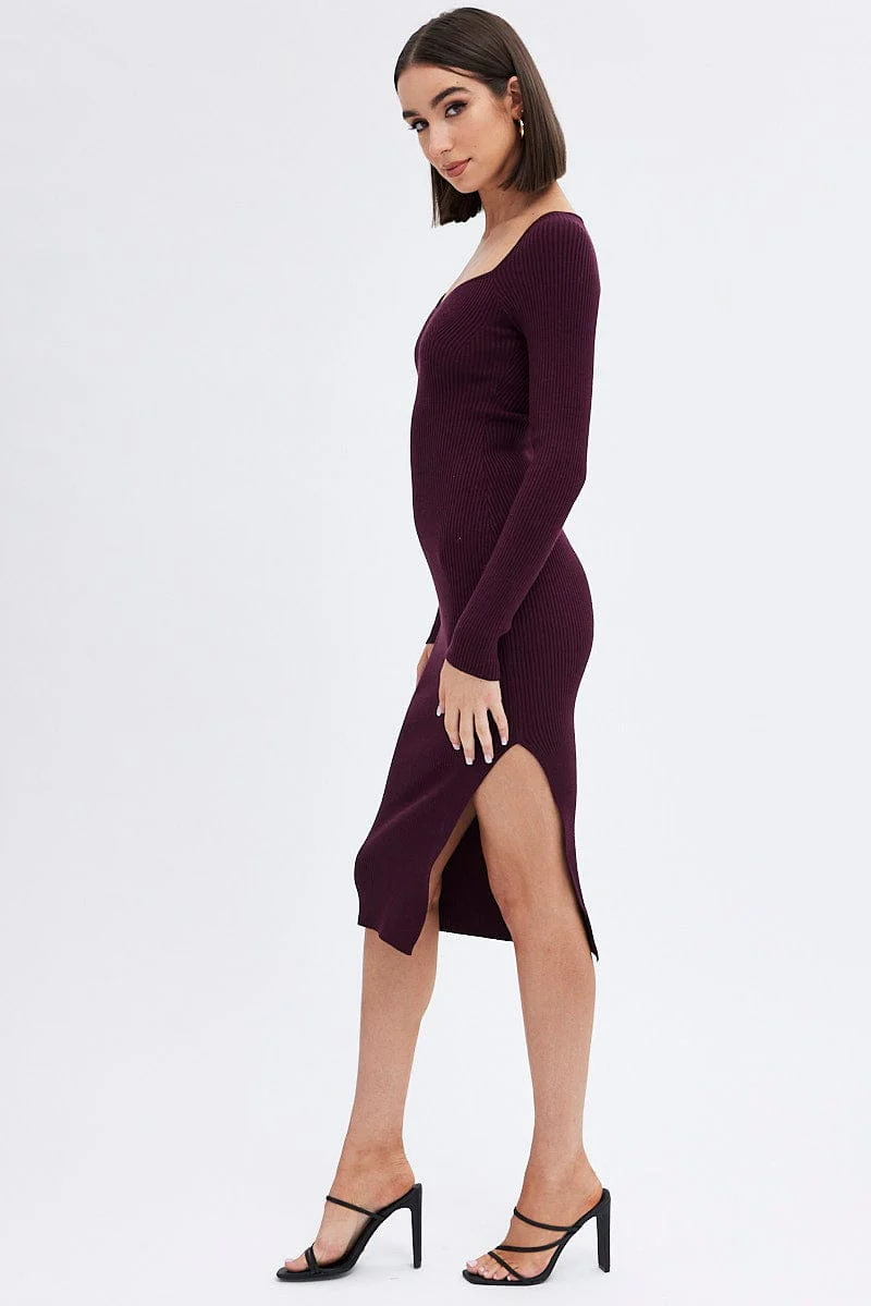 Brown Knit Dress Sweetheart Neck Long Sleeve Midi