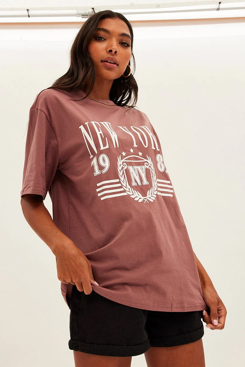 Brown T Shirt Short Sleeve Crew Neck New York Cotton