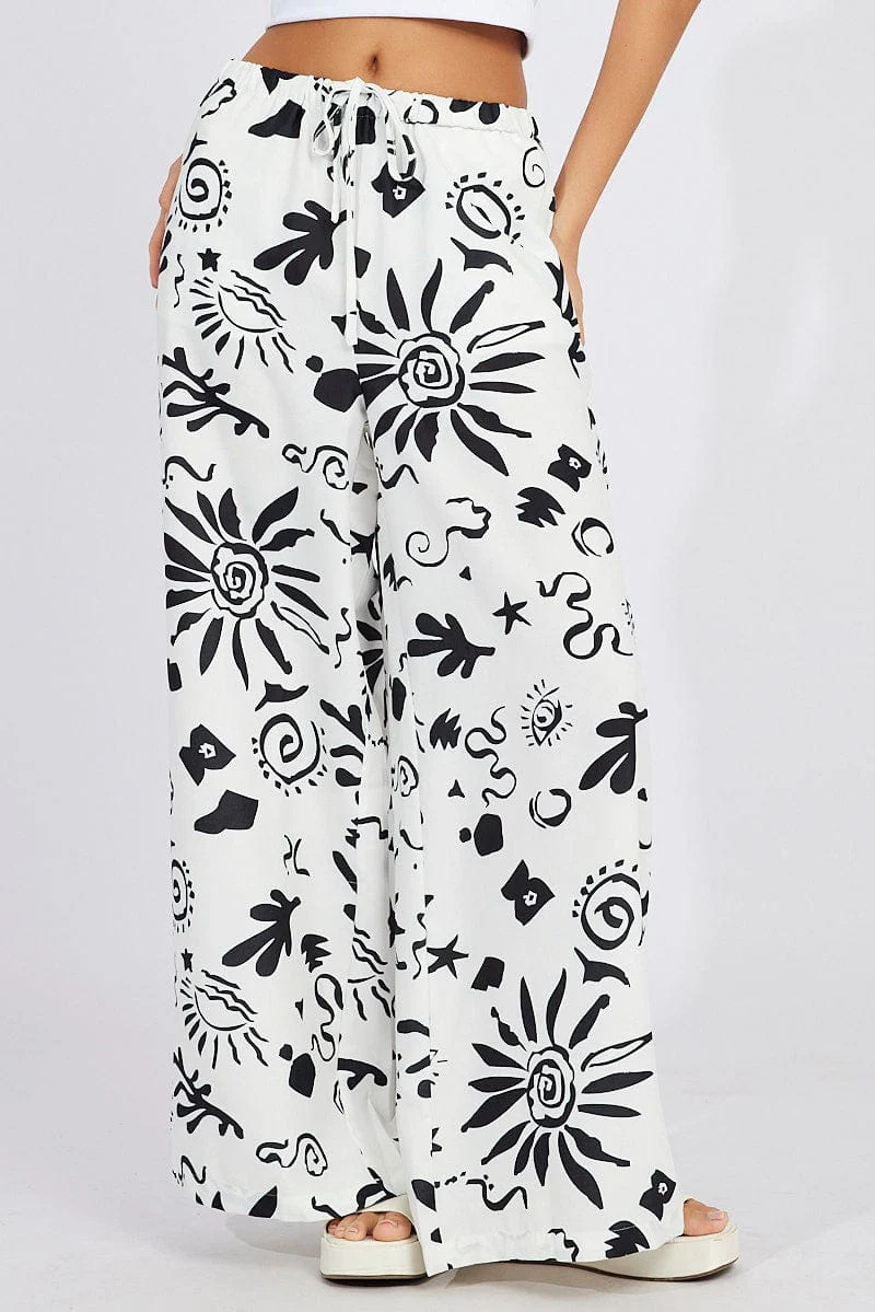 White Abstract Wide Leg Pants High Rise