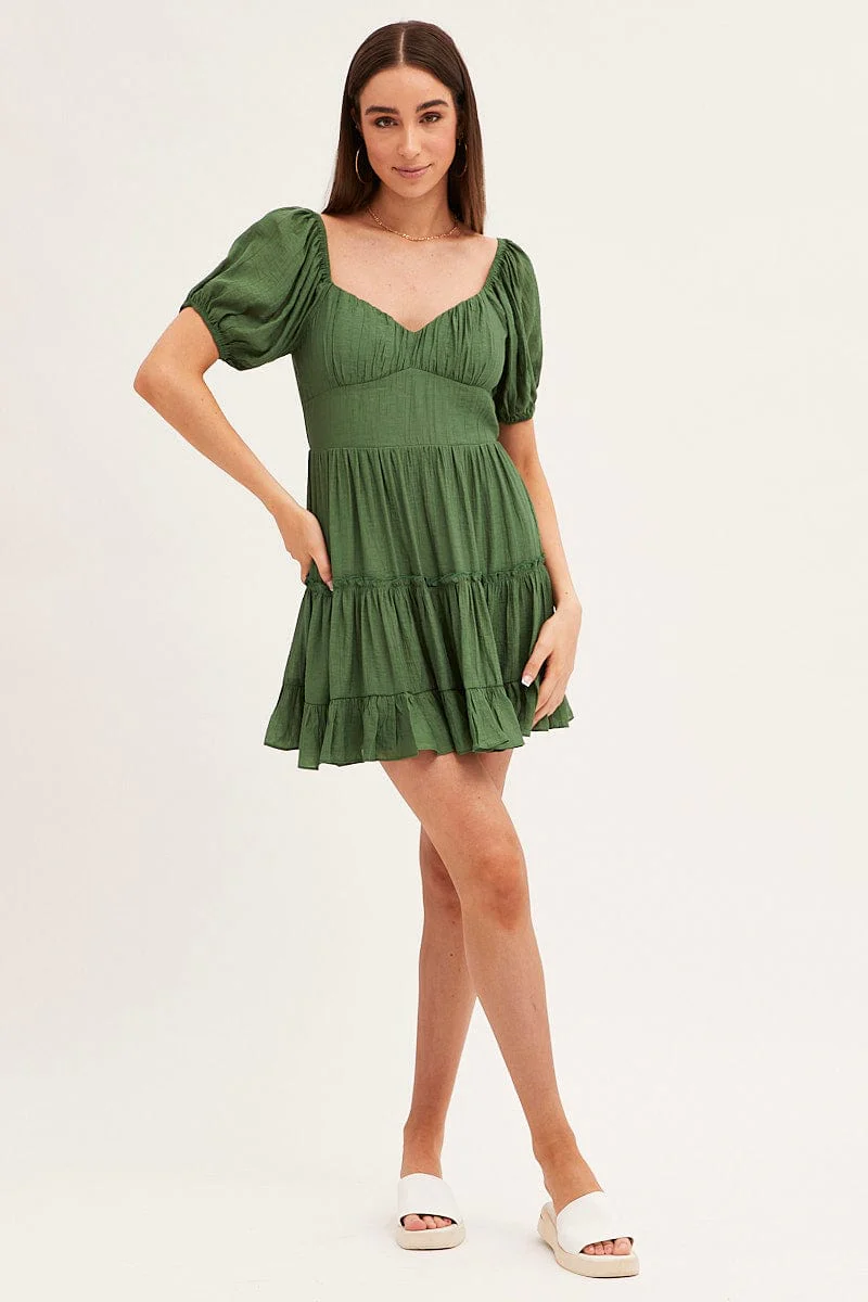 Green Fit And Flare Dress Puff Sleeve Sweetheart Neck