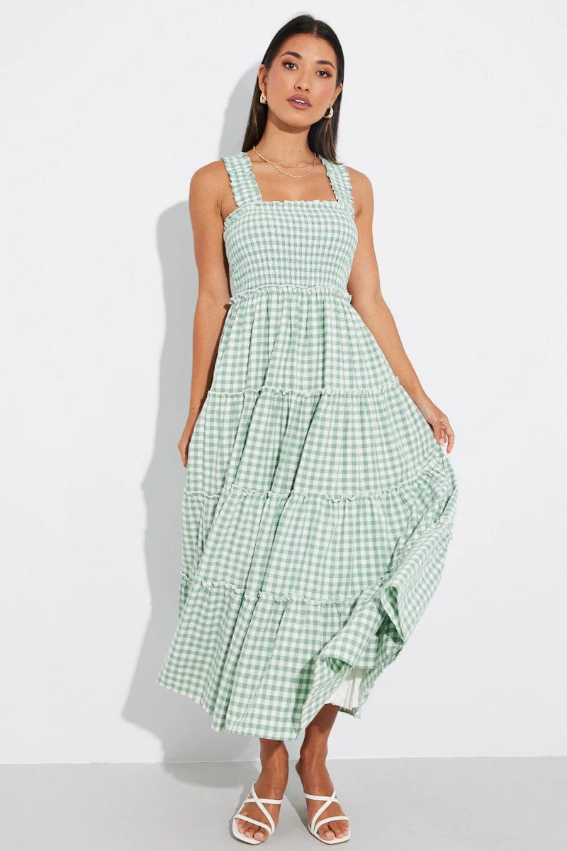 Green Check Maxi Dress Shirred Bust Tiered