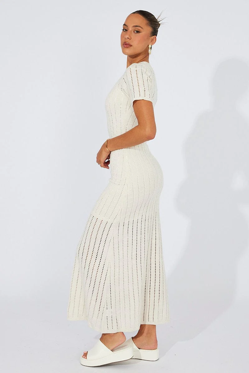 White Knit Maxi Dress Crochet Short Sleeve