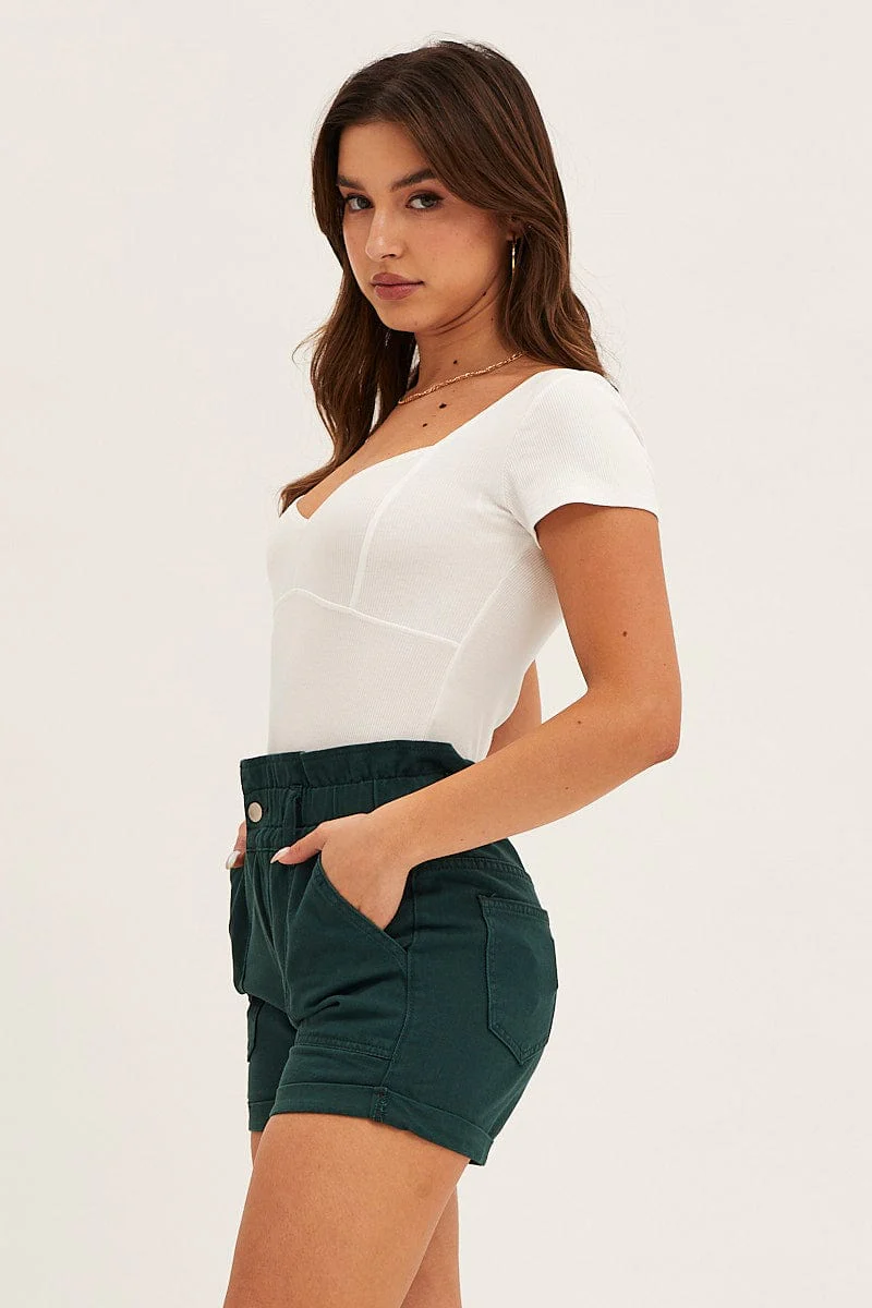 Green Paper Bag Elastic Waist Out Pocket Shorts