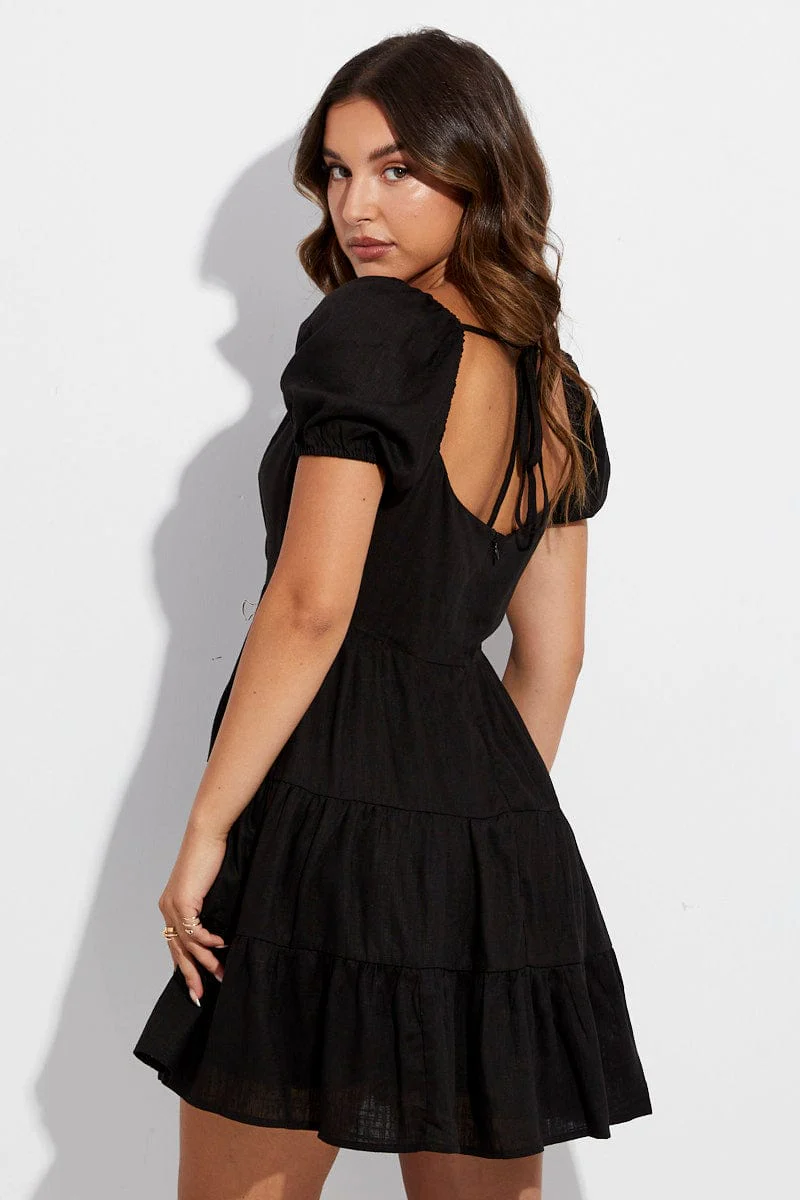 Black Skater Dress Short Sleeve Tiered