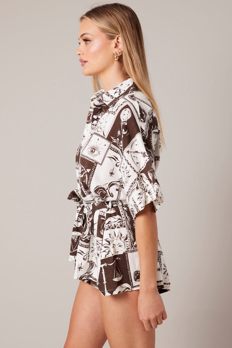 Brown Abstract Oversized Playsuit