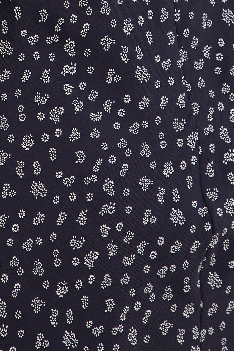 Black Ditsy Midi Dress Sleeveless Ruched Bust