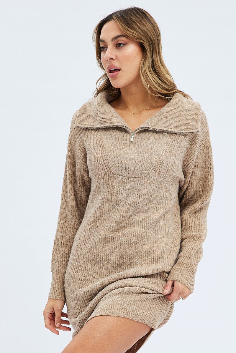 Camel Knit Dress Long Sleeve Turtleneck Zip