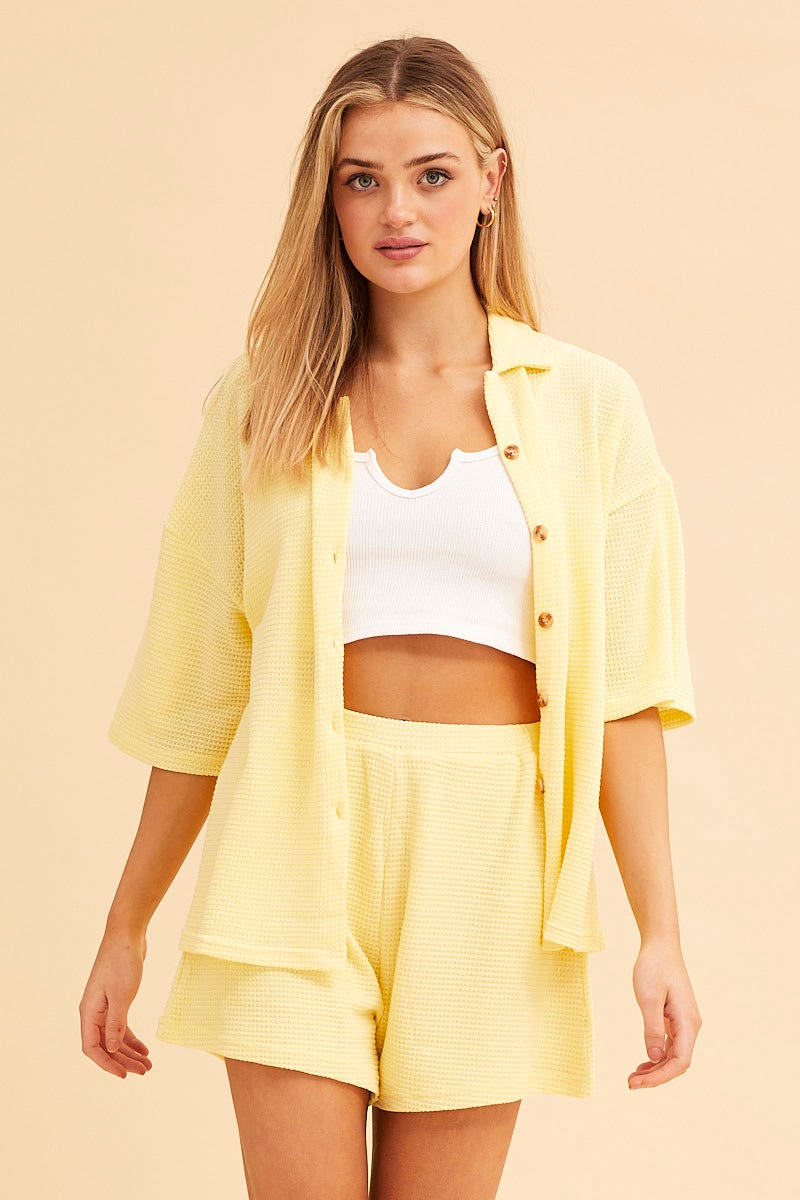 Yellow Lounge Shorts Waffle Texture Pull On