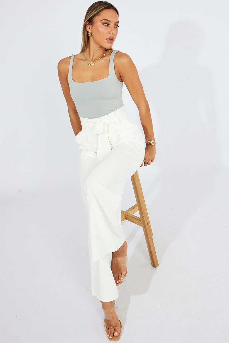 White Wide Leg Pants Paper Bag Waist