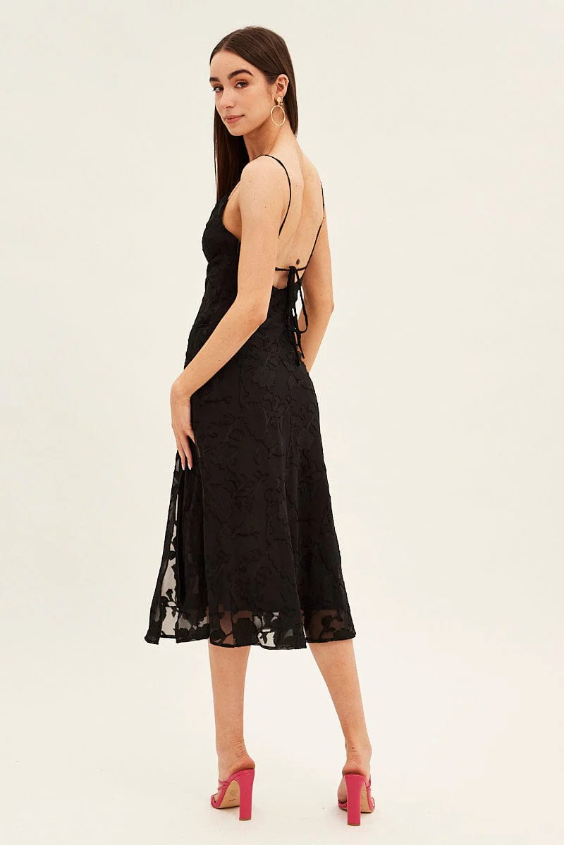 Black Midi Dress Cowl Neck Burnout