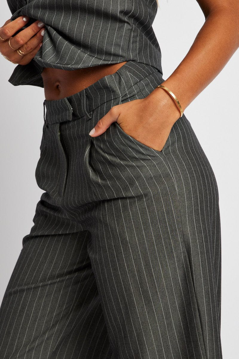Grey Stripe Wide Leg Pants High Rise