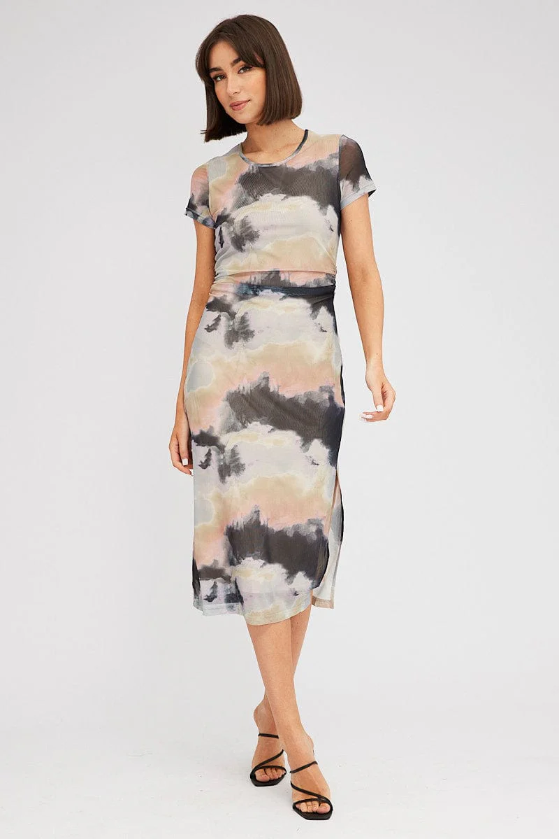 Brown Abstract Midi Dress Short Sleeve Bodycon Mesh