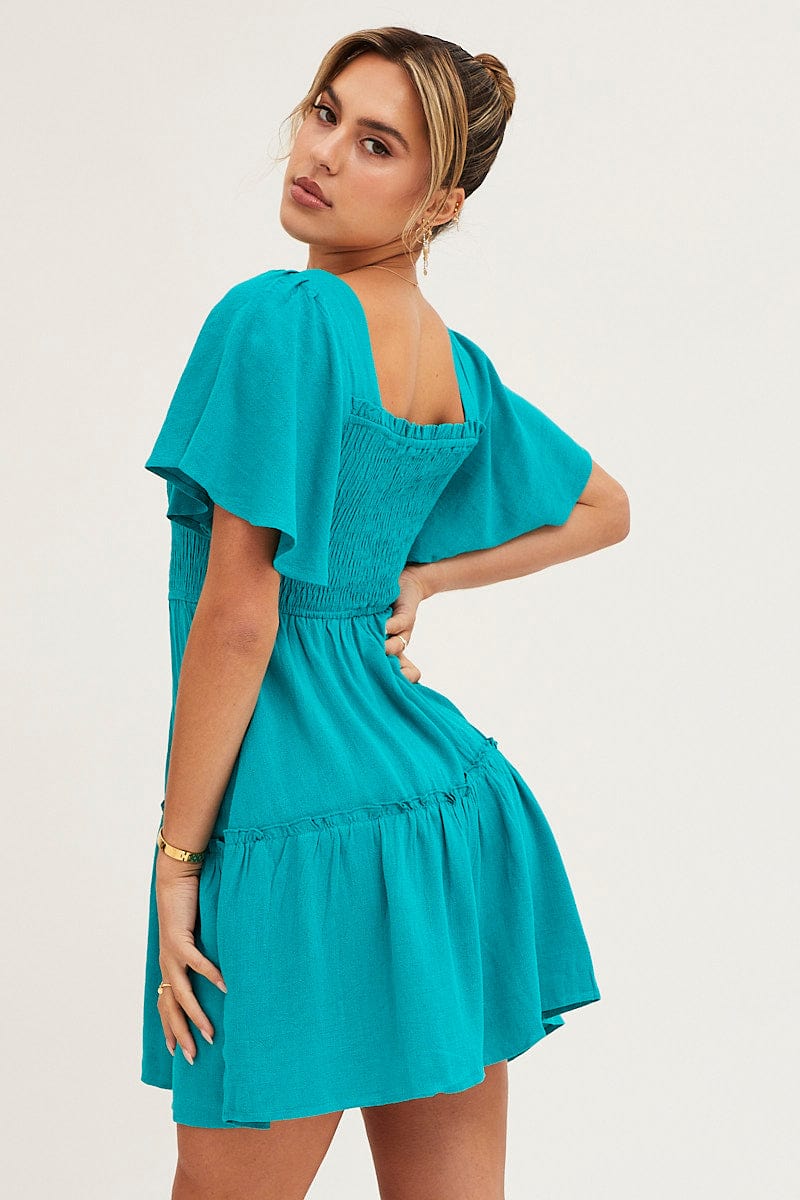 Green Shirred Bust Skater Dress