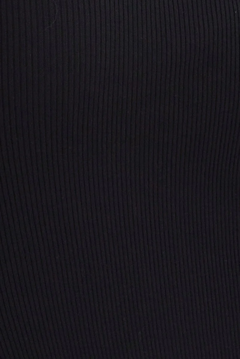 Black Midi Dress Long Sleeve Round Neck Rib Knitted