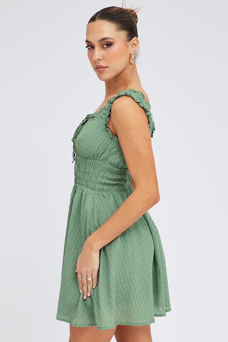 Green Fit and Flare Dress Sleeveless Waist Shirred