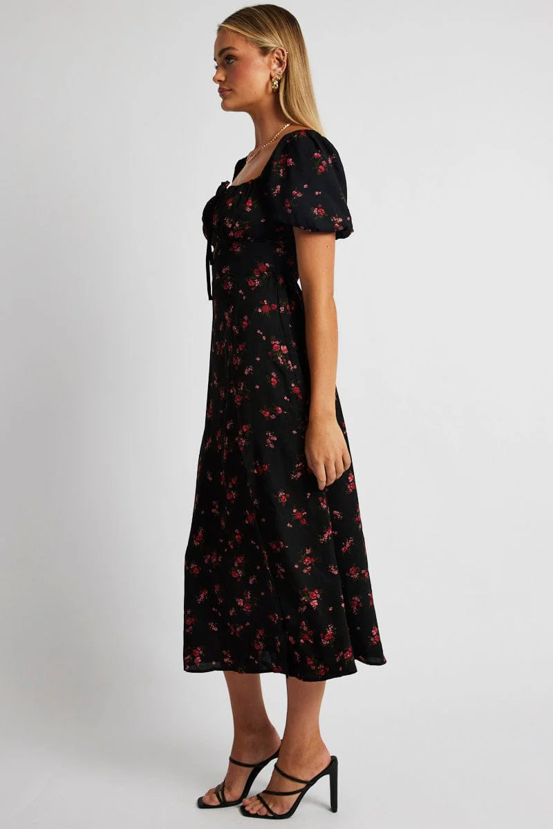 Black Ditsy Midi Dress Short Sleeve Side Split