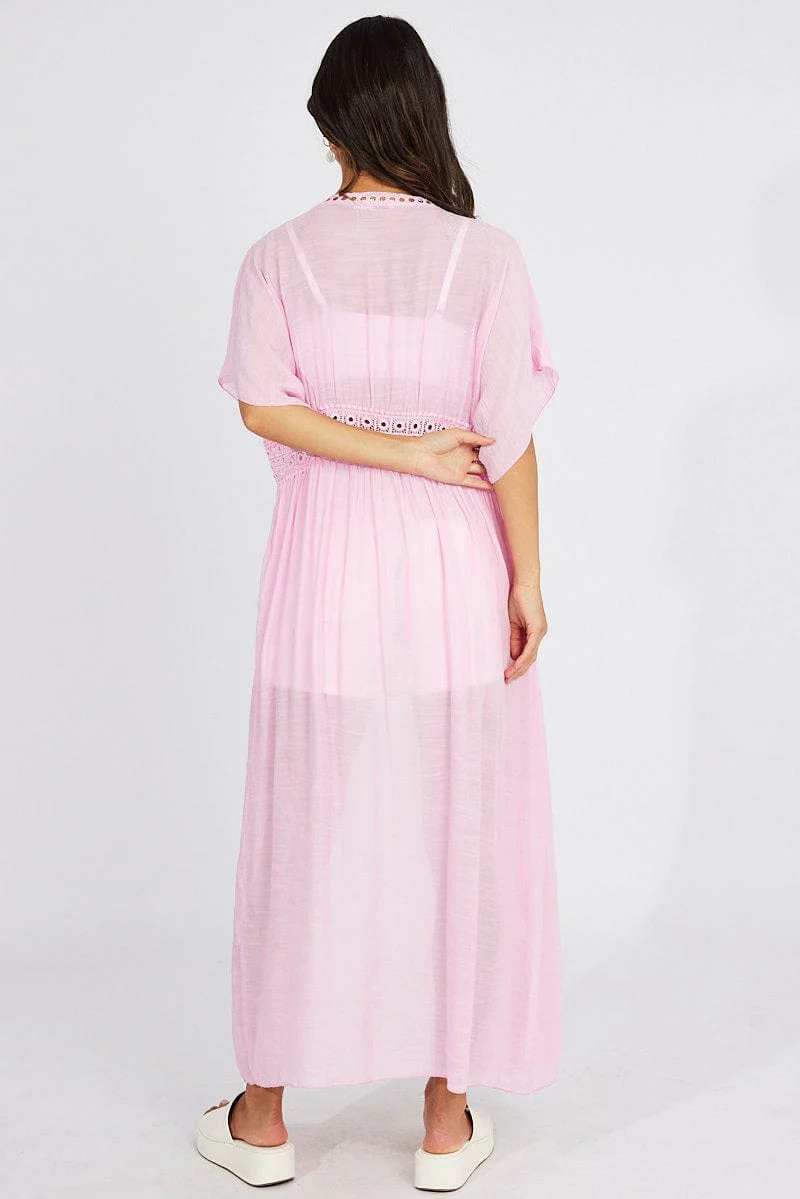 Pink Tie Front Kimono Short Sleeve Longline